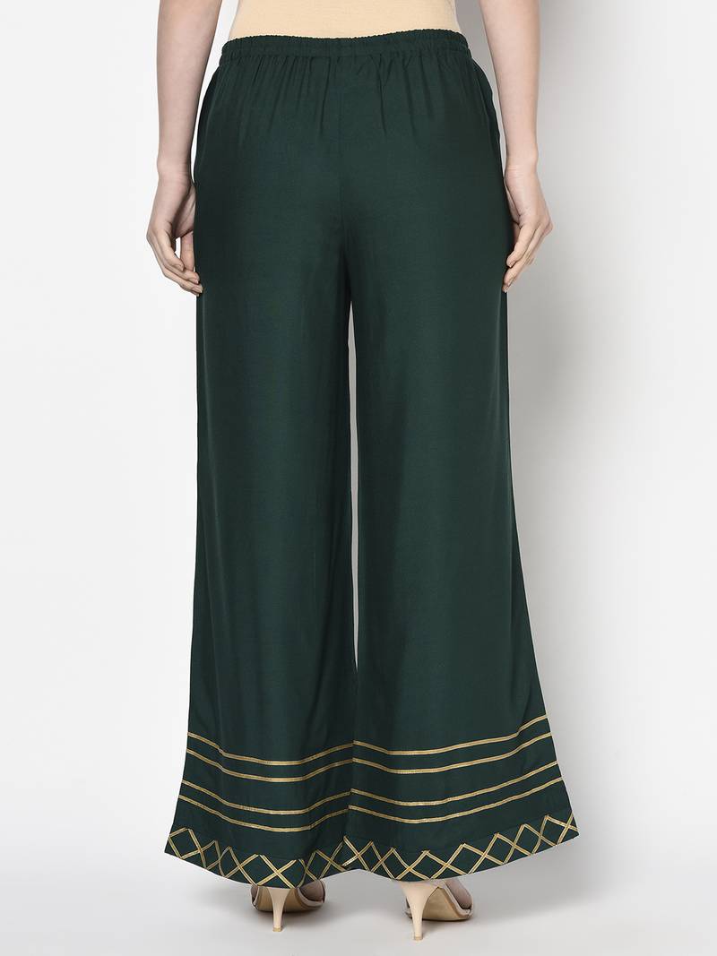 Rayon flared slip-on palazzo,bottle green,(s,m,l,xl,2xl,3xl)