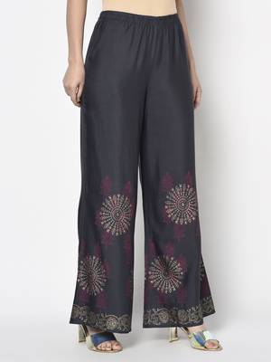 Rayon block print flared slip-on palazzo,dark grey,(s,m,l,xl,2xl,3xl) 3