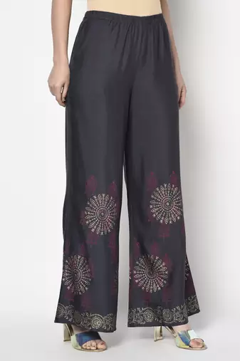 Rayon block print flared slip-on palazzo,dark grey,(s,m,l,xl,2xl,3xl)
