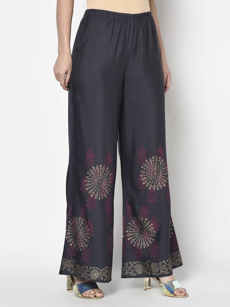 Rayon block print flared slip-on palazzo,dark grey,(s,m,l,xl,2xl,3xl)