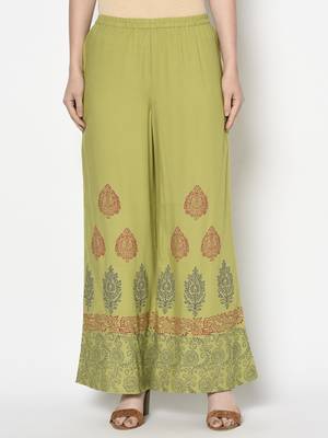 Rayon block print flared slip-on palazzo,parrot green,(s,m,l,xl,2xl,3xl) 1