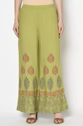 Rayon block print flared slip-on palazzo,parrot green,(s,m,l,xl,2xl,3xl)