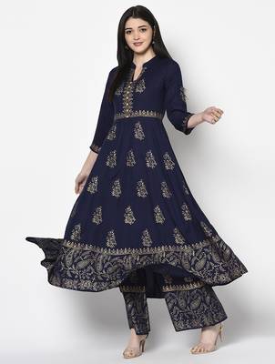 Rayon block print flared slip-on palazzo,navy blue,(s,m,l,xl,2xl,3xl) 5