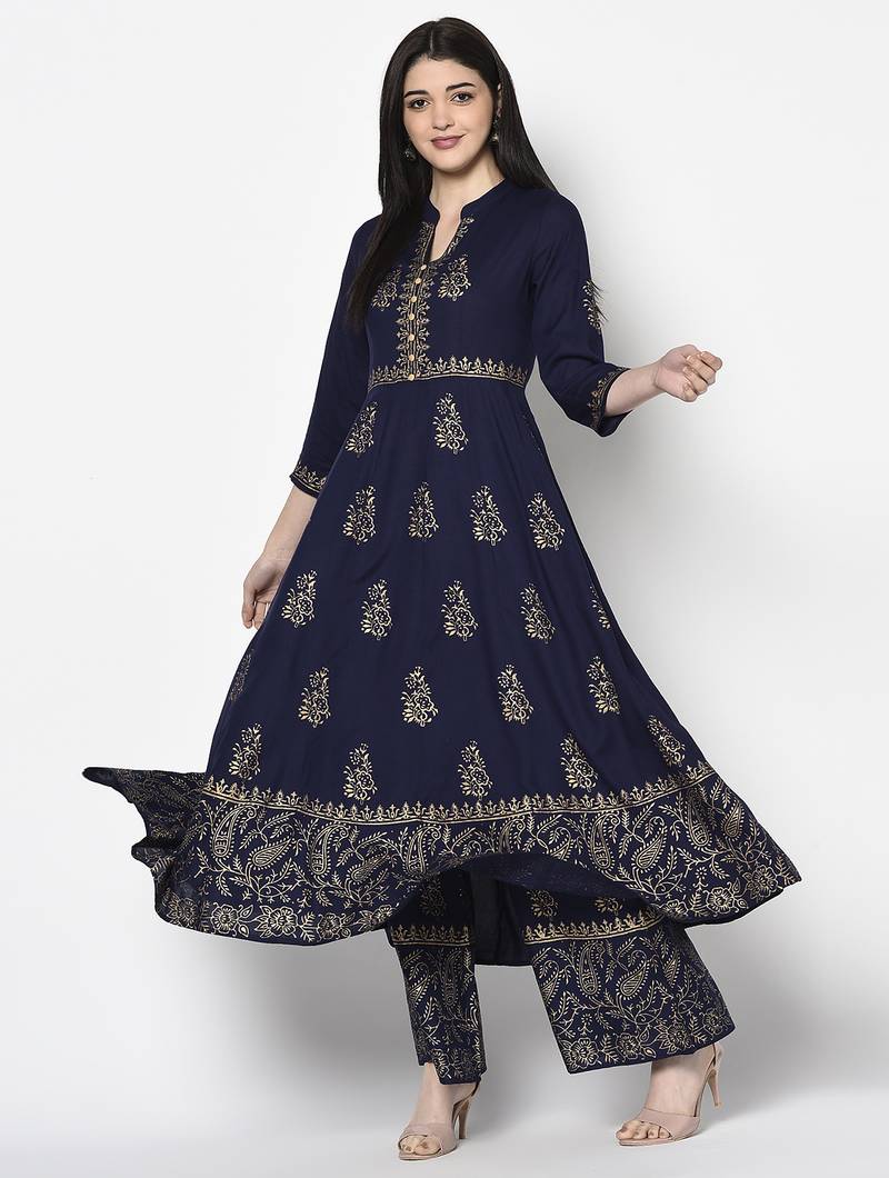 Rayon block print flared slip-on palazzo,navy blue,(s,m,l,xl,2xl,3xl)