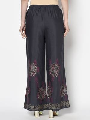 Rayon block print flared slip-on palazzo,dark grey,(s,m,l,xl,2xl,3xl) 4