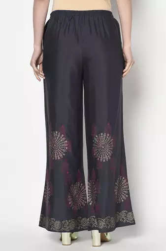 Rayon block print flared slip-on palazzo,dark grey,(s,m,l,xl,2xl,3xl)