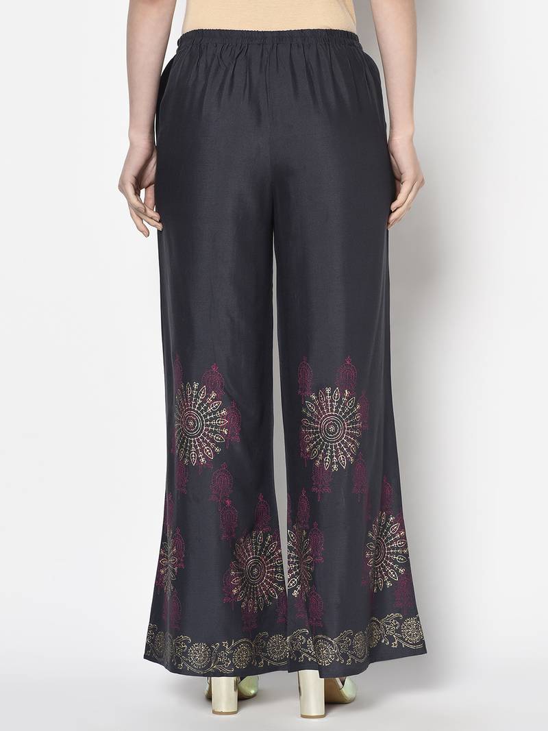 Rayon block print flared slip-on palazzo,dark grey,(s,m,l,xl,2xl,3xl)