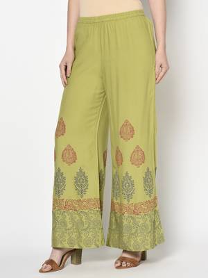 Rayon block print flared slip-on palazzo,parrot green,(s,m,l,xl,2xl,3xl) 2