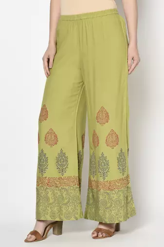 Rayon block print flared slip-on palazzo,parrot green,(s,m,l,xl,2xl,3xl)