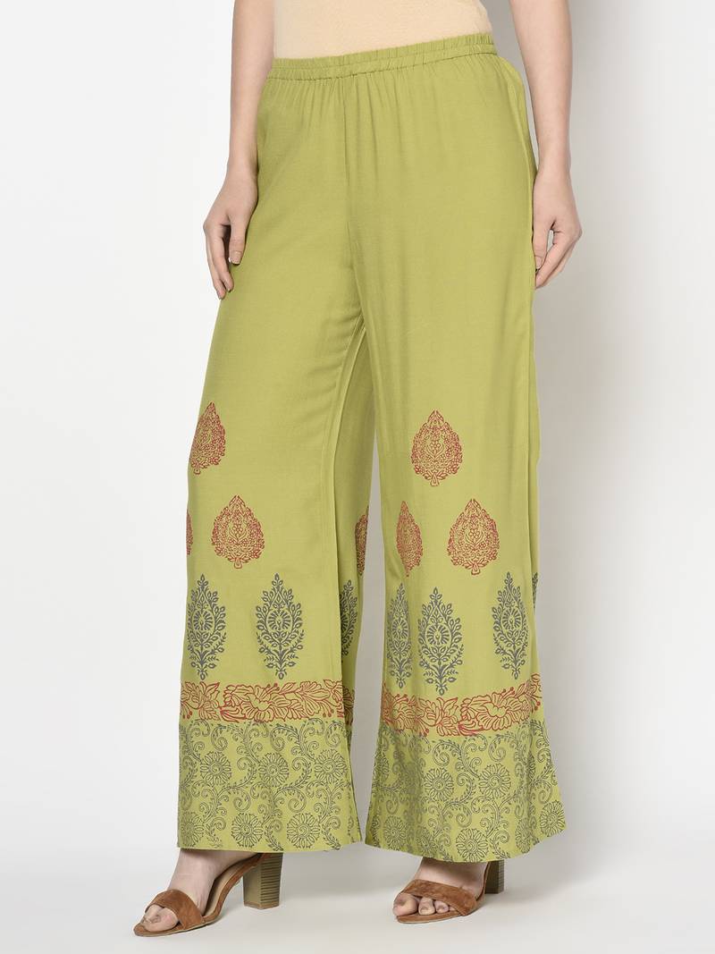 Rayon block print flared slip-on palazzo,parrot green,(s,m,l,xl,2xl,3xl)