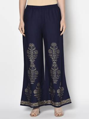 Rayon gold print flared slip-on palazzo,navy blue,(s,m,l,xl,2xl,3xl) 1