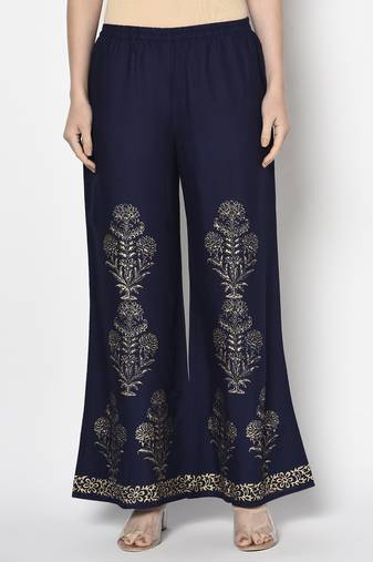 Rayon gold print flared slip-on palazzo navy blue