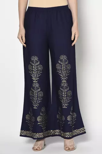 Rayon gold print flared slip-on palazzo,navy blue,(s,m,l,xl,2xl,3xl)