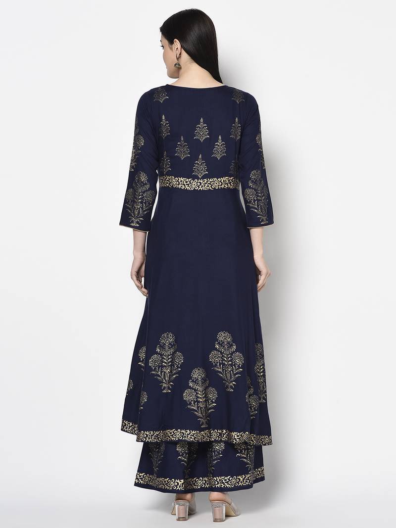 Rayon foil print anarkali palazzo set,navy blue,(s,m,l,xl,2xl,3xl)