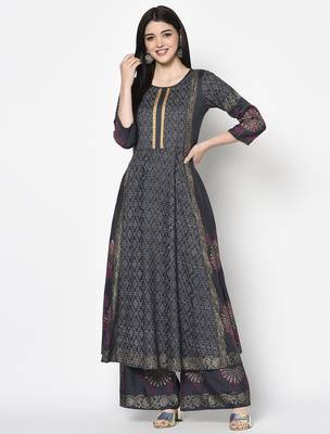 Rayon block print flared slip-on palazzo,dark grey,(s,m,l,xl,2xl,3xl) 5