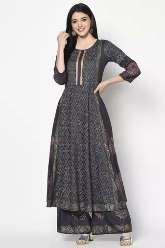 Rayon block print flared slip-on palazzo,dark grey,(s,m,l,xl,2xl,3xl)