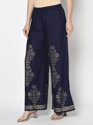Rayon gold print flared slip-on palazzo,navy blue,(s,m,l,xl,2xl,3xl) 2