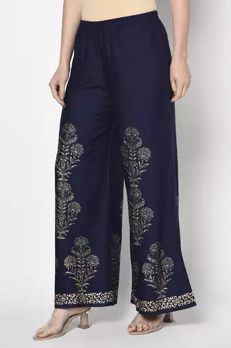 Rayon gold print flared slip-on palazzo,navy blue,(s,m,l,xl,2xl,3xl)