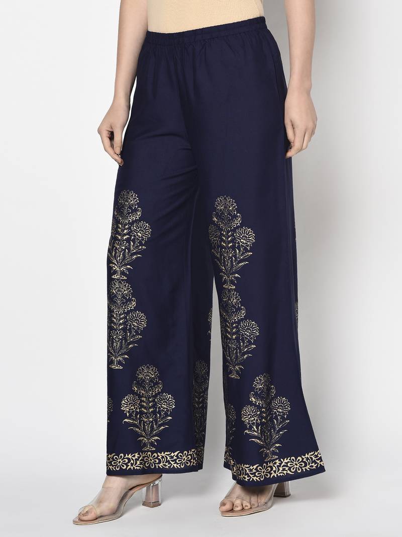 Rayon gold print flared slip-on palazzo,navy blue,(s,m,l,xl,2xl,3xl)