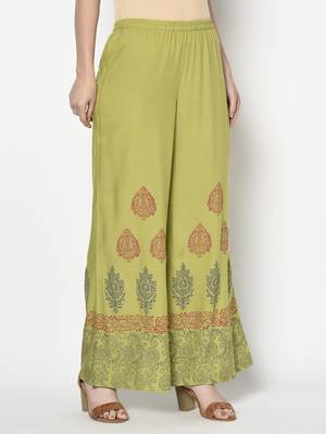 Rayon block print flared slip-on palazzo,parrot green,(s,m,l,xl,2xl,3xl) 3