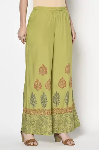 Rayon block print flared slip-on palazzo,parrot green,(s,m,l,xl,2xl,3xl)