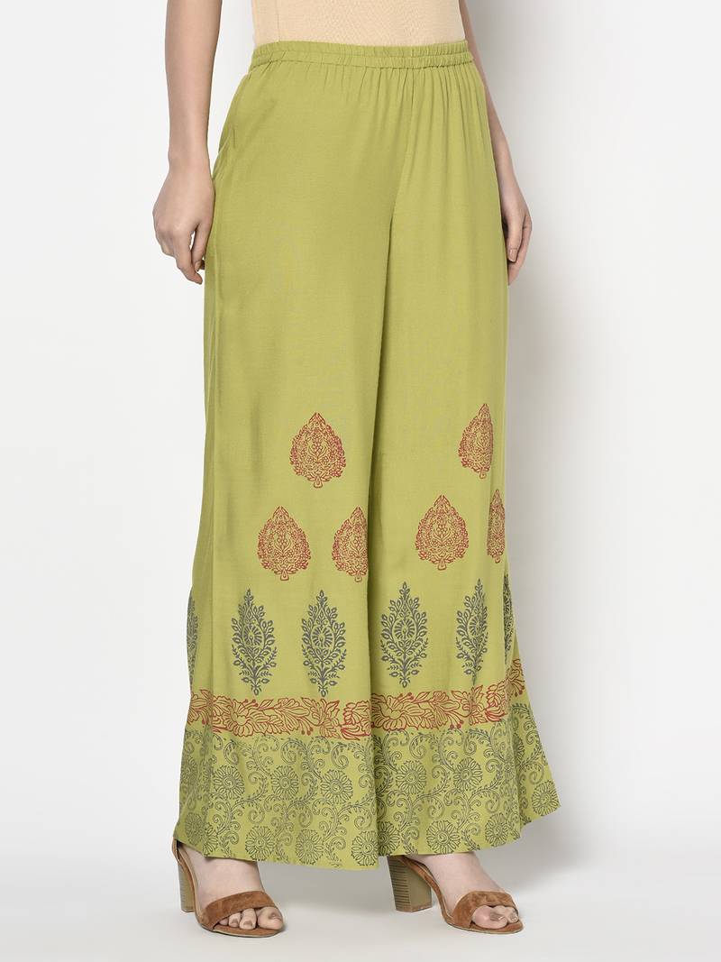 Rayon block print flared slip-on palazzo,parrot green,(s,m,l,xl,2xl,3xl)