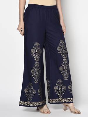 Rayon gold print flared slip-on palazzo,navy blue,(s,m,l,xl,2xl,3xl) 3