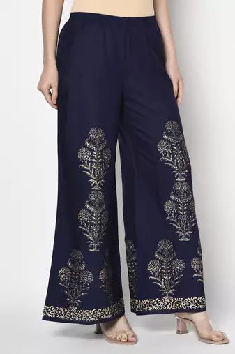 Rayon gold print flared slip-on palazzo,navy blue,(s,m,l,xl,2xl,3xl)