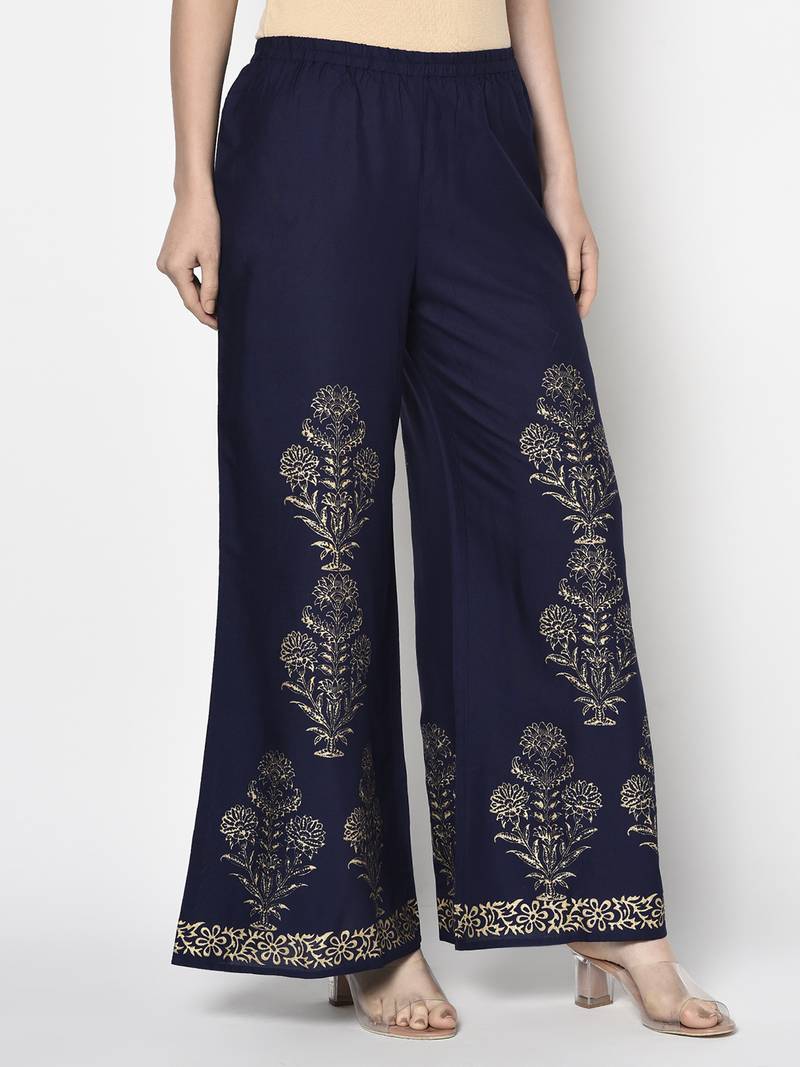 Rayon gold print flared slip-on palazzo,navy blue,(s,m,l,xl,2xl,3xl)