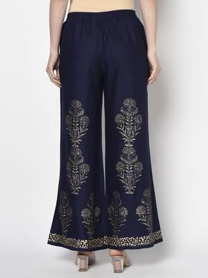 Rayon gold print flared slip-on palazzo,navy blue,(s,m,l,xl,2xl,3xl) 4