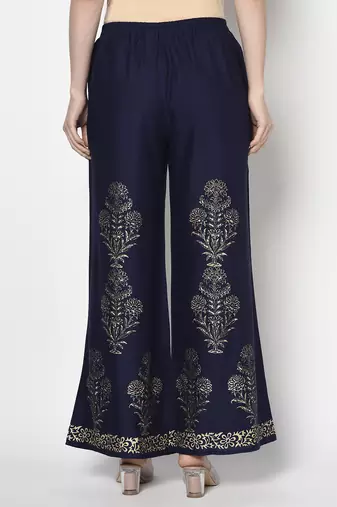 Rayon gold print flared slip-on palazzo,navy blue,(s,m,l,xl,2xl,3xl)