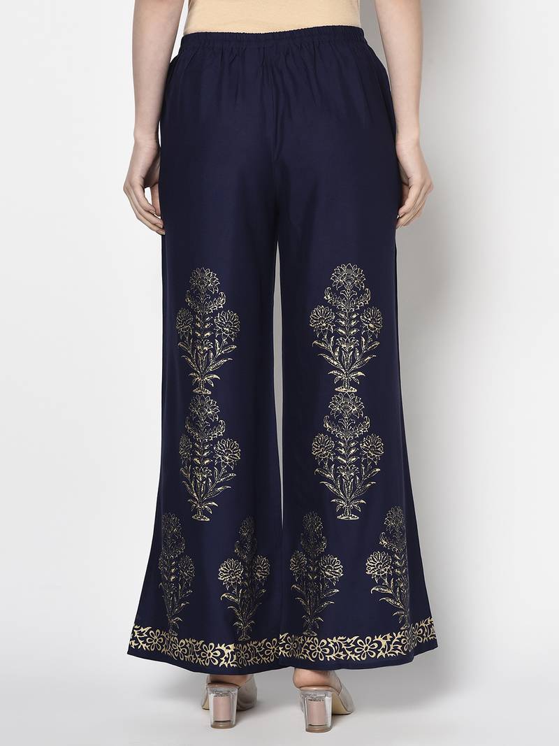 Rayon gold print flared slip-on palazzo,navy blue,(s,m,l,xl,2xl,3xl)