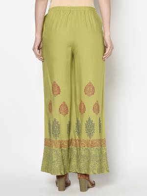 Rayon block print flared slip-on palazzo,parrot green,(s,m,l,xl,2xl,3xl) 4