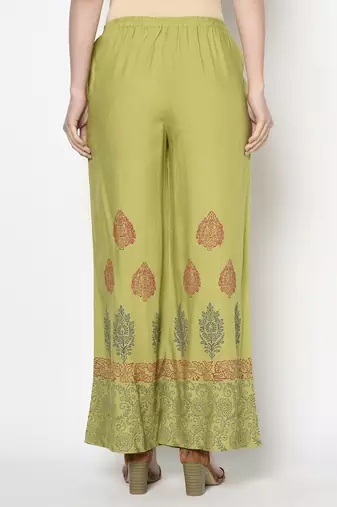 Rayon block print flared slip-on palazzo,parrot green,(s,m,l,xl,2xl,3xl)