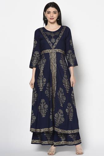 Rayon foil print anarkali kurta navy blue