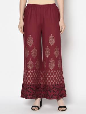 Rayon block print flared slip-on palazzo,maroon,(s,m,l,xl,2xl,3xl) 1