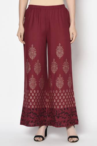 Rayon block print flared slip-on palazzo maroon