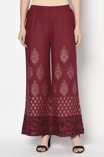 Rayon block print flared slip-on palazzo,maroon,(s,m,l,xl,2xl,3xl)