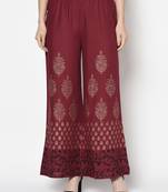 Rayon block print flared slip-on palazzo,maroon,(s,m,l,xl,2xl,3xl)