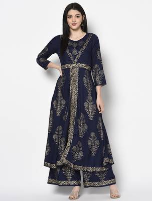 Rayon gold print flared slip-on palazzo,navy blue,(s,m,l,xl,2xl,3xl) 5
