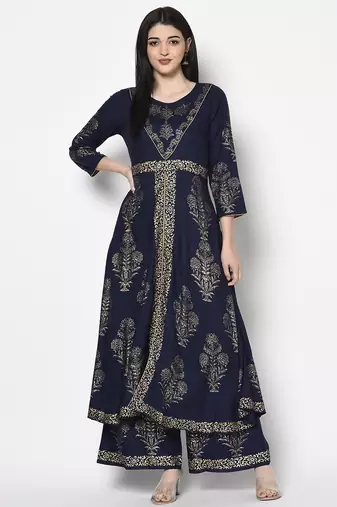 Rayon gold print flared slip-on palazzo,navy blue,(s,m,l,xl,2xl,3xl)