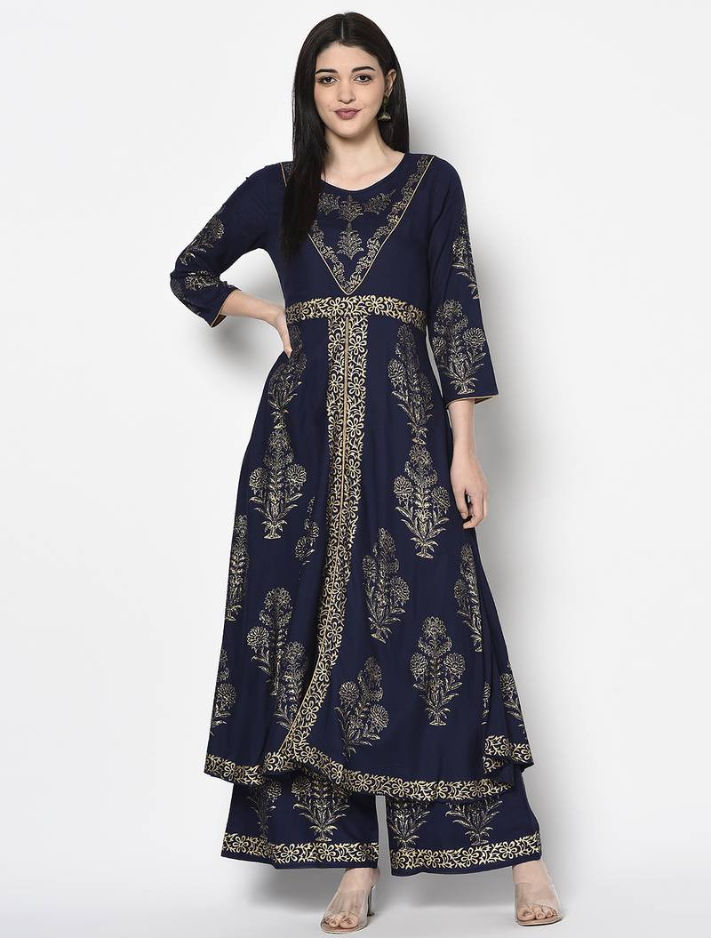 Rayon gold print flared slip-on palazzo,navy blue,(s,m,l,xl,2xl,3xl)