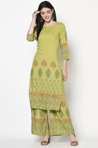 Rayon block print flared slip-on palazzo,parrot green,(s,m,l,xl,2xl,3xl)