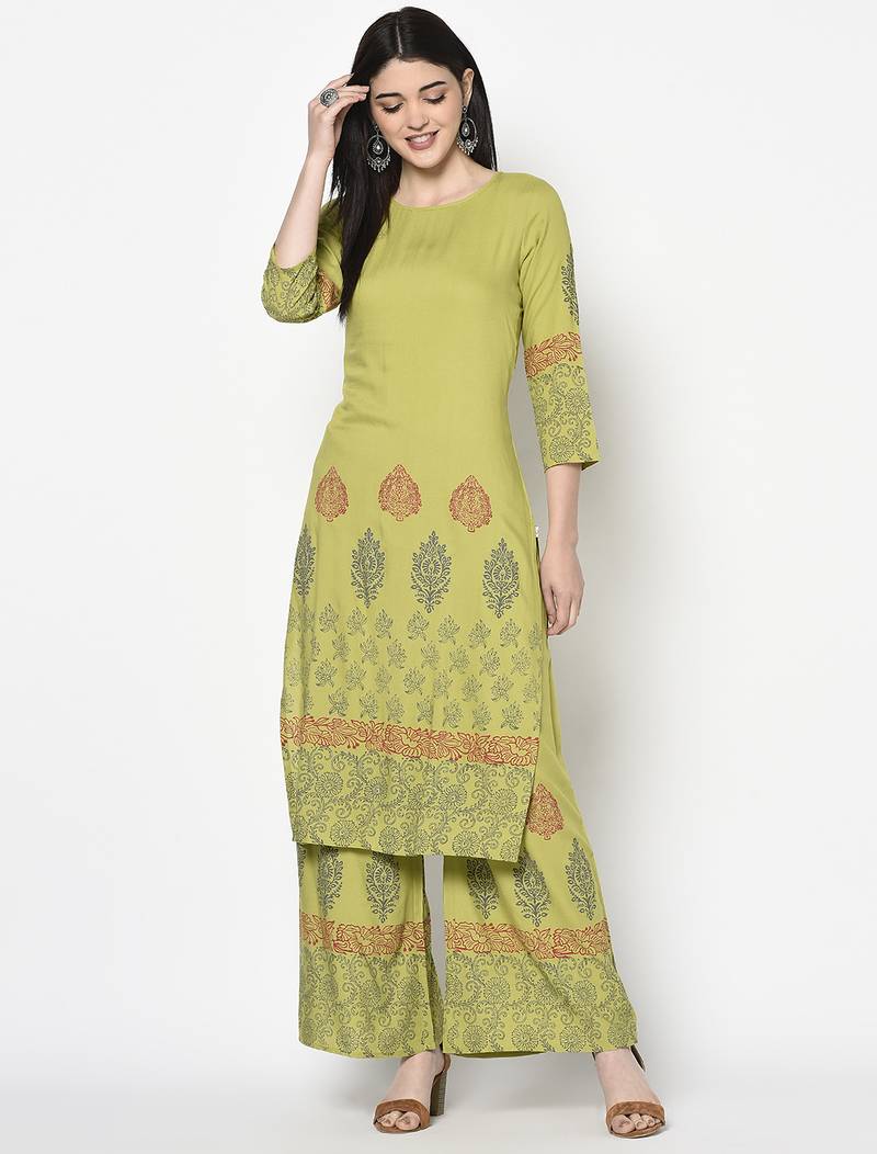 Rayon block print flared slip-on palazzo,parrot green,(s,m,l,xl,2xl,3xl)