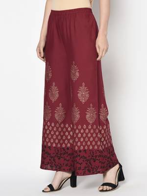 Rayon block print flared slip-on palazzo,maroon,(s,m,l,xl,2xl,3xl) 2