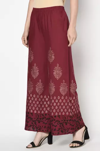 Rayon block print flared slip-on palazzo,maroon,(s,m,l,xl,2xl,3xl)
