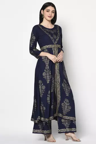 Rayon foil print anarkali kurta,navy blue,(s,m,l,xl,2xl,3xl)