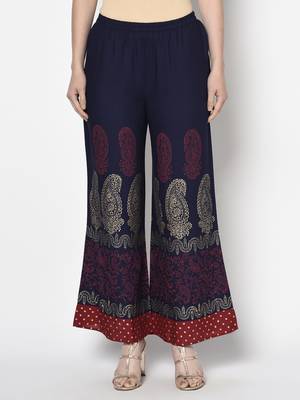 Rayon block print flared slip-on palazzo,navy blue,(s,m,l,xl,2xl,3xl) 1
