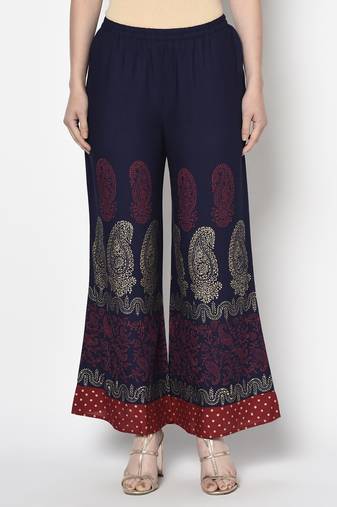Rayon block print flared slip-on palazzo navy blue