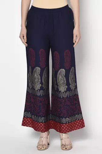 Rayon block print flared slip-on palazzo,navy blue,(s,m,l,xl,2xl,3xl)